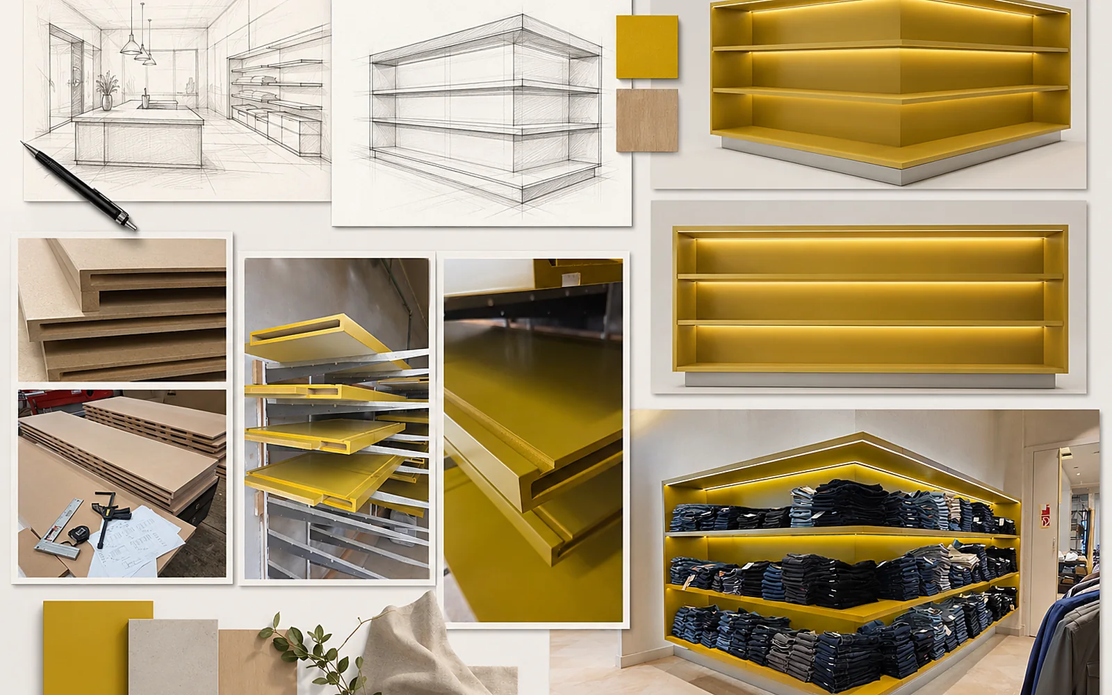 Tervezési moodboard és gyártási folyamat